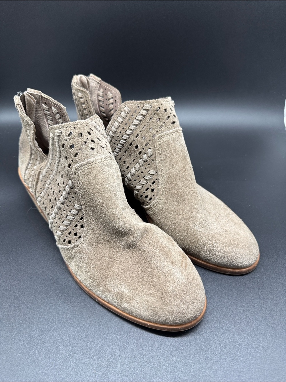 Vince Camuto Suede Laser-Cut Ankle Booties Sz 7?